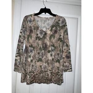 Soft Surroundings Sz M Symphonia Moonrock Soft Stretch Floral Fuzzy Sweater Top
